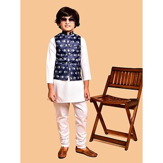                       PrintCultr Boys Festive & Party Kurta, Waistcoat and Pyjama Set (White)                                              
