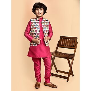                       PrintCultr Boys Festive & Party Kurta, Waistcoat and Pyjama Set (Pink)                                              