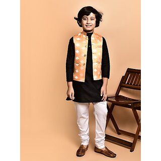 PrintCultr Boys Festive & Party Kurta, Waistcoat and Pyjama Set (Black)