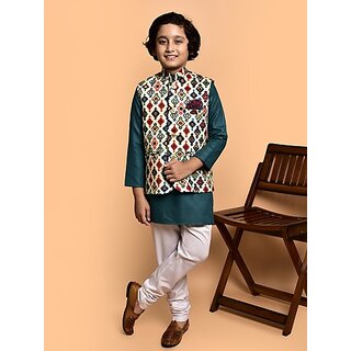                       PrintCultr Boys Festive & Party Kurta, Waistcoat and Pyjama Set (Green)                                              