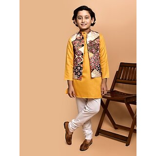                       PrintCultr Boys Festive & Party Kurta, Waistcoat and Pyjama Set (Yellow)                                              