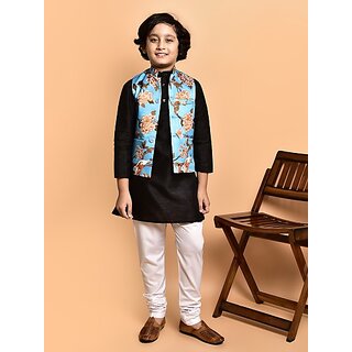                       PrintCultr Boys Festive & Party Kurta, Waistcoat and Pyjama Set (Black)                                              