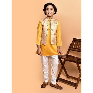                       PrintCultr Boys Festive & Party Kurta, Waistcoat and Pyjama Set (Yellow)                                              