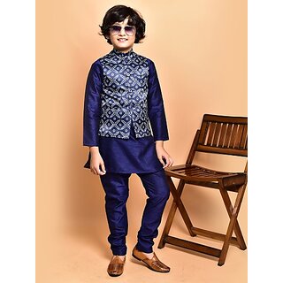                       PrintCultr Boys Festive & Party Kurta, Waistcoat and Pyjama Set (Dark Blue)                                              
