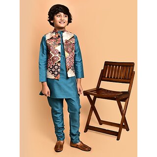                       PrintCultr Boys Festive & Party Kurta, Waistcoat and Pyjama Set (Blue)                                              