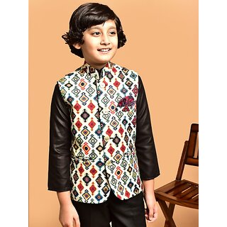                       PrintCultr Boys Printed Nehru Jacket (Beige)                                              