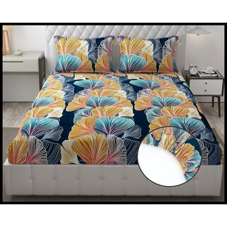                       Double Bed Printed Cotton Elastic Fitted Bedsheet with 2 Pillow Covers (Fits up to 6 inch mattress)                                              