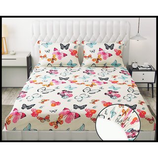                       Double Bed Printed Cotton Elastic Fitted Bedsheet with 2 Pillow Covers (Fits up to 6 inch mattress)                                              
