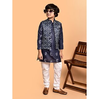                       PrintCultr Boys Festive & Party Kurta, Waistcoat and Pyjama Set (Dark Blue Pack of 3)                                              