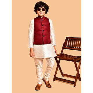                       PrintCultr Boys Festive & Party Kurta, Waistcoat and Pyjama Set (White)                                              