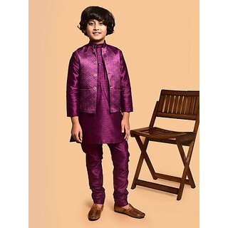                       PrintCultr Boys Festive & Party Kurta, Waistcoat and Pyjama Set (Purple)                                              