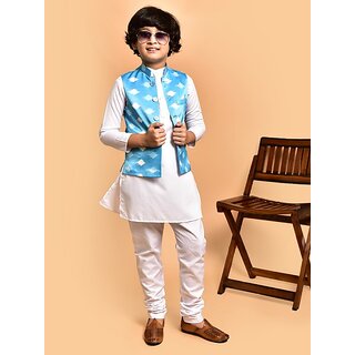                       PrintCultr Boys Festive & Party Kurta, Waistcoat and Pyjama Set (White)                                              