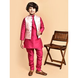                       PrintCultr Boys Festive & Party Kurta, Waistcoat and Pyjama Set (Pink)                                              