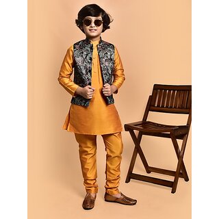                       PrintCultr Boys Festive & Party Kurta, Waistcoat and Pyjama Set (Yellow)                                              