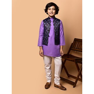                       PrintCultr Boys Festive & Party Kurta, Waistcoat and Pyjama Set (Purple)                                              