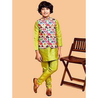                       PrintCultr Boys Festive & Party Kurta, Waistcoat and Pyjama Set (Light Green)                                              