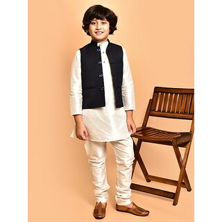                       PrintCultr Boys Festive & Party Kurta, Waistcoat and Pyjama Set (White)                                              