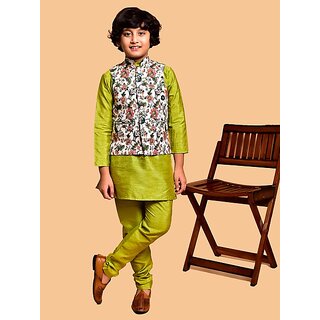                       PrintCultr Boys Festive & Party Kurta, Waistcoat and Pyjama Set (Light Green)                                              