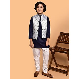                       PrintCultr Boys Festive & Party Kurta, Waistcoat and Pyjama Set (Dark Blue)                                              