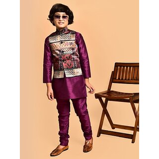                       PrintCultr Boys Festive & Party Kurta, Waistcoat and Pyjama Set (Purple)                                              