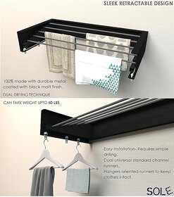 Sole Module Premium Heavy Duty Steel Wall Mounted Foldable Cloth Drying Rack  12 Linear Feet  6 Hooks  Black-28 inch