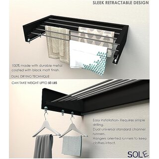 Sole Module Premium Heavy Duty Steel Wall Mounted Foldable Cloth Drying Rack  12 Linear Feet  6 Hooks  Black-28 inch