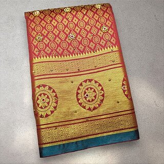                       Embellished Banarasi Handloom Art Silk Saree (Red)                                              