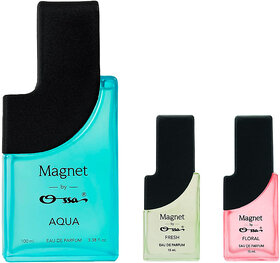 Ossa Magnet Aqua 100ml, Fresh 15ml And Floral 15ml Unisex EDP Long Lasting Perfume Combo For Men And Women (Pack Of 3)