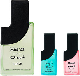 Ossa Magnet Fresh 100ml, Aqua 15ml And Floral 15ml Unisex EDP Long Lasting Perfume Combo For Men And Women (Pack Of 3)