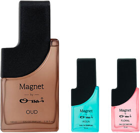 Ossa Magnet Oud 100ml, Aqua 15ml And Floral 15ml Unisex EDP Long Lasting Perfume Combo For Men And Women (Pack Of 3)