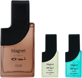 Ossa Magnet Oud 100ml, Fresh 15ml And Aqua 15ml Unisex EDP Long Lasting Perfume Combo For Men And Women (Pack Of 3)