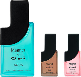 Ossa Magnet Aqua 100ml, Oud 15ml And Floral 15ml Unisex EDP Long Lasting Perfume Combo For Men And Women (Pack Of 3)