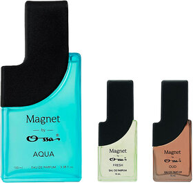 Ossa Magnet Aqua 100ml, Oud 15ml And Fresh 15ml Unisex EDP Long Lasting Perfume Combo For Men And Women (Pack Of 3)