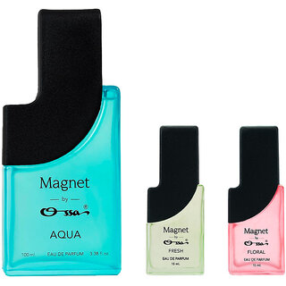                       Ossa Magnet Aqua 100ml, Fresh 15ml And Floral 15ml Unisex EDP Long Lasting Perfume Combo For Men And Women (Pack Of 3)                                              