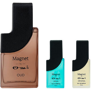                       Ossa Magnet Oud 100ml, Aqua 15ml And Original 15ml Unisex EDP Long Lasting Perfume Combo For Men And Women (Pack Of 3)                                              