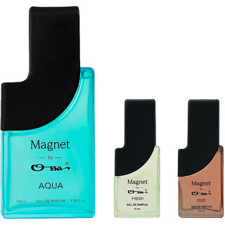                       Ossa Magnet Aqua 100ml, Oud 15ml And Fresh 15ml Unisex EDP Long Lasting Perfume Combo For Men And Women (Pack Of 3)                                              