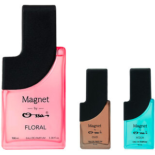 Ossa Magnet Floral 100ml, Oud 15ml, Aqua 15ml Eau De Parfum Long Lasting Perfume Combo for Men And Women (Pack Of 3)