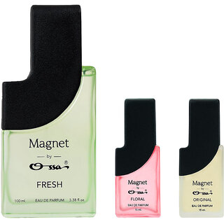                       Ossa Magnet Fresh 100ml,Floral 15ml,Original 15ml Eau De Parfum Long Lasting Perfume Combo for Men And Women (Pack Of 3)                                              