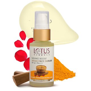 Lotus Herbals Radiance Boost Ubtan Face Serum SPF 20 Turmeric, Sandalwood and Rose Water Glowing Skin 30ml Lotus Herbals Radiance Boost Ubtan Face Serum SPF 20 Turmeric, Sandalwood and Rose Water Glowing Skin 30ml