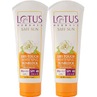 Lotus Herbals Safe Sun Dry Touch Whitening Sunscreen Spf 40 Pa+++Dermatologically Tested White Peony 50G ( Pack Of 2 Lotus Herbals Safe Sun Dry Touch Whitening Sunscreen Spf 40 Pa+++Dermatologically Tested White Peony 50G ( Pack Of 2