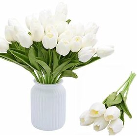 De Gardenia Artificial Tulip Flower Sticks 13.5 Inch Tall Faux White Tulips for Vase Arrangements Home Decor and Special Occasions (Vase Not Included)