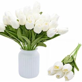De Gardenia Artificial Tulip Flower Sticks 13.5 Inch Tall Faux White Tulips for Vase Arrangements Home Decor and Special Occasions (Vase Not Included)