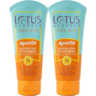                       Lotus Herbals Safe Sun Sports Super-Stay Sunblock Spf 70 Pa+++ Anti-Pollution, Water Sweat Resistant 40G (Pack Of 2)                                              