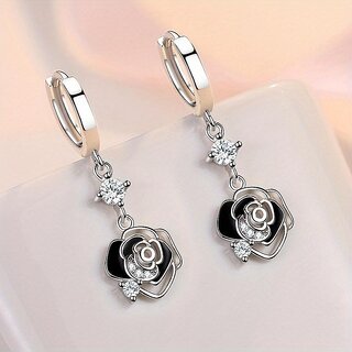 1Pair Fashion Trends Black Rose 925 Silver Plated Earrings Temperament Long Flower Earrings Suitable for Female 1Pair Fashion Trends Black Rose 925 Silver Plated Earrings Temperament Long Flower Earrings Suitable for Female