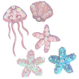                       Ocean Theme Hand-Beaded Fabric Patches, Sew-On Patch For Clothes, Bag, Shose And Caps, Jellyfish,Starfish,Shell Sequin Bead Flowers Patches 2Pieces                                              