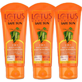 Lotus Herbals Safesun 3In1 Matte Look Daily SunscreenTinted Sunscreen Spf 40 Pa 75 G (Pack Of 3) Lotus Herbals Safesun 3In1 Matte Look Daily SunscreenTinted Sunscreen Spf 40 Pa 75 G (Pack Of 3)