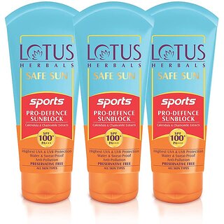 Lotus Herbals Safe Sun Sports ProDefence Sunblock Spf 100 Pa Highest Uv Protection 80G (Pack Of 3) Lotus Herbals Safe Sun Sports ProDefence Sunblock Spf 100 Pa Highest Uv Protection 80G (Pack Of 3)