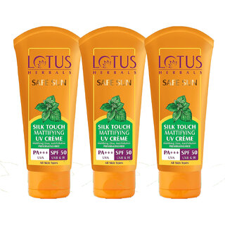 Lotus Herbals Safe Sun Silk Touch Mattifying Uv Crme Spf 50 PaGreen Tea Uv Ir Protection Matte 75G (Pack Of 3) Lotus Herbals Safe Sun Silk Touch Mattifying Uv Crme Spf 50 PaGreen Tea Uv Ir Protection Matte 75G (Pack Of 3)