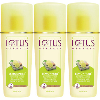                       Lotus Herbals Lemonpure Turmeric  Lemon Cleansing Milk  Makeup Remover  For All Skin Types  80Ml ( Pack Of 3)                                              