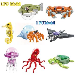                       1PC Mini Simulation Animal Series Crab, Seahorse, Shark With Lights Xmas Gifts Building Blocks Bricks New Year Toys                                              